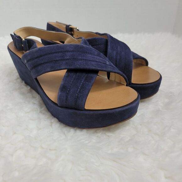 J.Crew Marcie Womens Shoes Size 9 Blue Suede Platform Wedge Sling back Sandal - Picture 1 of 12